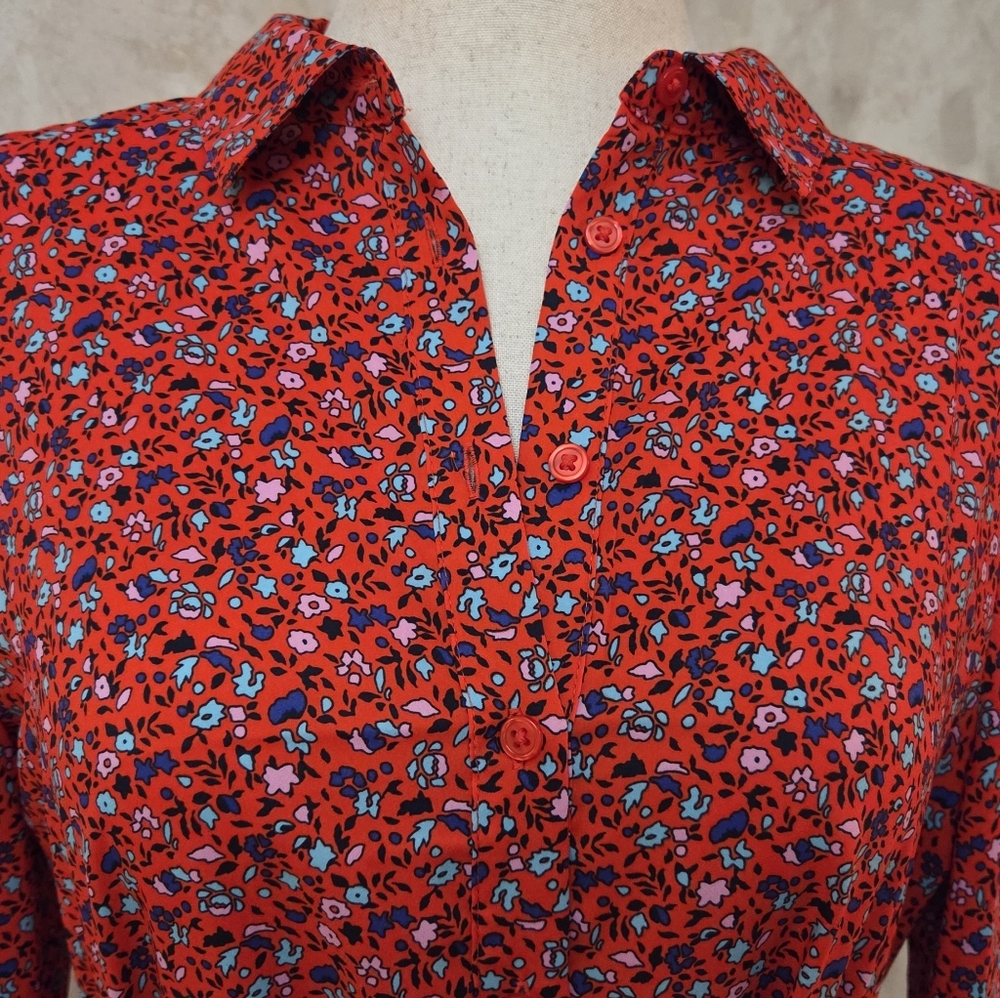 Amazon Essentials Red Floral Shirt Dress Button Front Belted Midi M - Picture 3 of 11